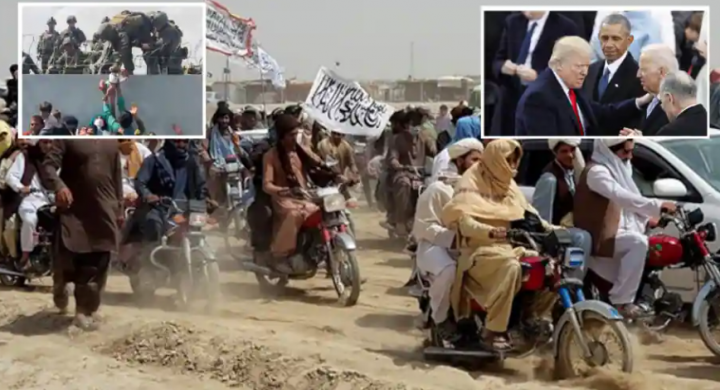 Militan Taliban membuat 'putaran kemenangan' setelah jatuhnya kota Herat pada 13 Agustus 2021 di samping gambar (kiri) yang menunjukkan upaya penyelamatan yang goyah oleh pasukan AS di bandara internasional Kabul di samping gambar (di kanan) Presiden AS Joe Biden dengan mantan presiden Donald Trump 