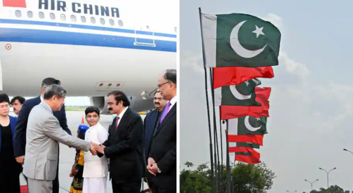 Wakil Perdana Menteri China He Lifeng diterima oleh para menteri Pakistan – Menteri Perencanaan Ahsan Iqbal dan Menteri Dalam Negeri Rana Sanaullah – di bandara (kiri). Spanduk merayakan ulang tahun dan bendera kedua negara dipasang di ibukota Pakistan /AFP