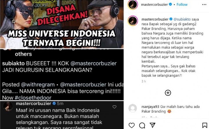 Dituduh Ngurusin Selangkangan Finalis Miss Universe Indonesia, Dedy Corbuzier Ngamuk ke Subiakto. (Screenshot/@mastercorbuzier/Foto)