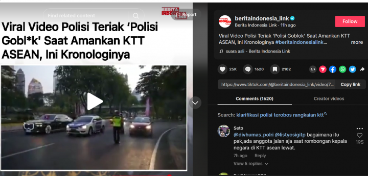 Kronologi Oknum Polisi Teriaki Mobil Polisi Lain dengan 'Kata Kasar' saat Trobos Iring-iringan Tamu KTT ASEAN. (Tangkapan Layar TikTok/@beritaindonesia_link)