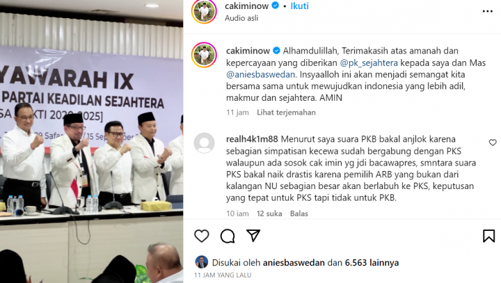 Resmi! PKS Usung Anies-Cak Imin di Pemilu Presiden 2024. (Tangkapan Layar Instagram/@cakiminnow)
