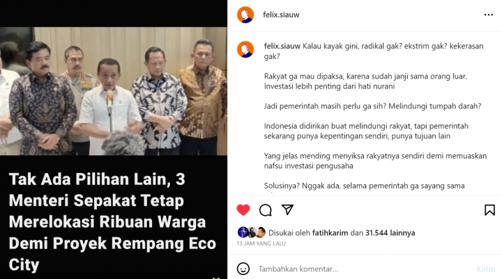 Ustad Felix Siauw Respons Soal Menteri Bahlil Merelokasi Ribuan Warga Demi Proyek Rempang Eco City. (Tangkapan Layar Instagram @felix.siauw)