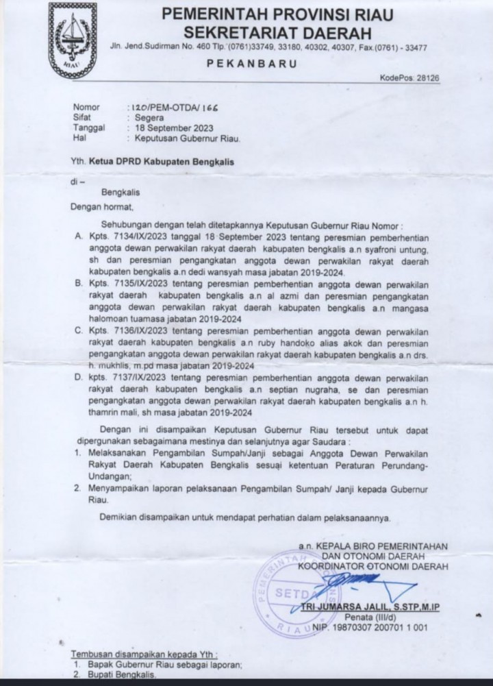 Surat PAW empat orang fraksi golkar DPRD Bengkalis