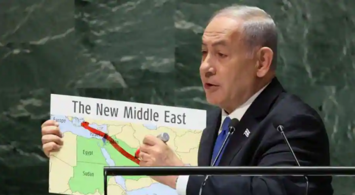 Perdana Menteri Israel, Benjamin Netanyahu memegang peta menghapus Palestina di pidato PBB /Reuters