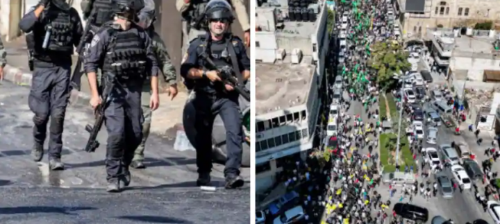 Gambar menunjukkan polisi anti huru hara Israel selama bentrokan dengan pengunjuk rasa Palestina di lingkungan Wadi Joz di Yerusalem timur yang dicaplok Israel (kiri) dan pendukung gerakan Fatah dan Hamas berbaris dalam sebuah demonstrasi solidaritas dengan Gaza setelah sholat Jumat mingguan Muslim 