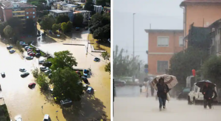 Pemandangan udara dari jalan-jalan yang banjir, di Campi Bisenzio (kiri). Orang-orang berjalan di jalan yang banjir setelah Badai Ciaran (kanan), di Oste, Tuscany, Italia, pada 3 November 2023 /Reuters