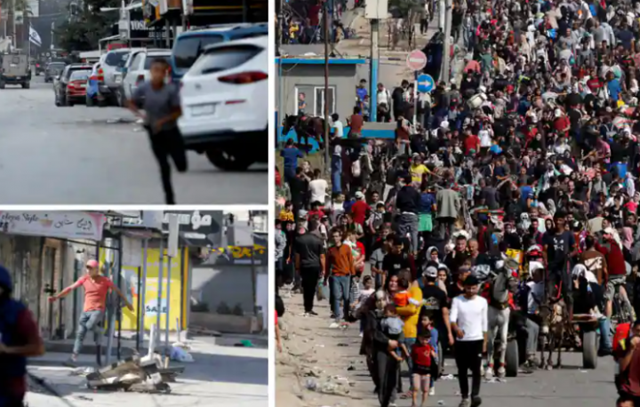 Gambar (kiri) menunjukkan orang-orang melarikan diri ketika kendaraan tentara Israel memasuki Jenin selama serangan, di Tepi Barat yang diduduki Israel, pada 9 November 2023. Warga Palestina yang melarikan diri dari Gaza utara berjalan ke arah selatan, di tengah konflik yang sedang berlangsung antar