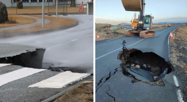 Gambar menunjukkan jalan rusak di desa Grindavik di Islandia, yang dievakuasi karena aktivitas gunung berapi, 14 November 2023 /Reuters