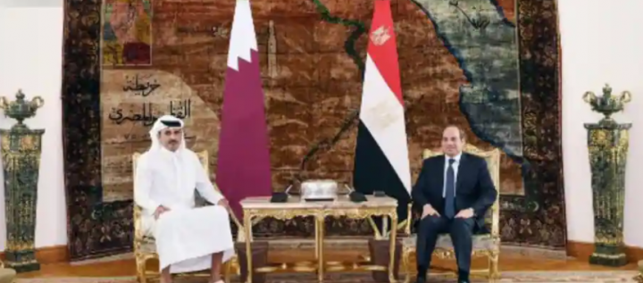  Presiden Mesir Abdel Fatah al-Sisi (kanan) dengan Emir Qatar Sheikh Tamim bin Hamad al-Thani (kiri) di Istana Ittahadia di Kairo /Reuters