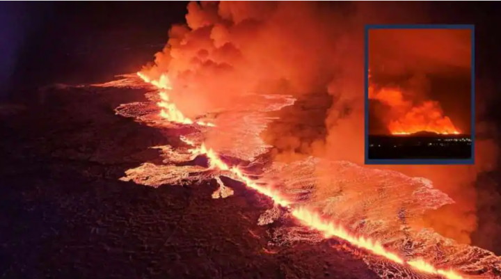 Livestream dan gambar letusan menunjukkan batuan cair yang dimuntahkan dari celah di tanah, dengan lava kuning-oranye terang tampak lebih terang kontras dengan langit malam yang gelap  /Agensi