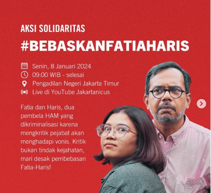 KontraS Lakukan Aksi Solidaritas #BEBASKANFATIAHARIS di PN Jakarta Timur Jelang Sidang Putusan. (Tangkapan Layar Instagram @amnestyindonesia)