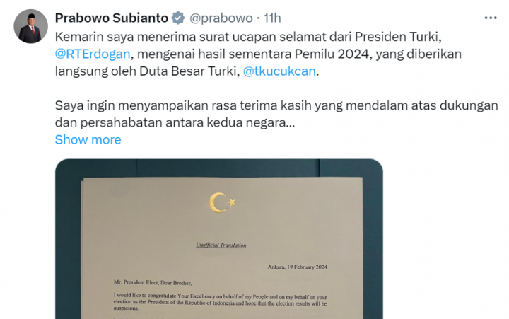 Tangkapan layar Cuitan Prabowo Subianto di X, Kamis 22 Februari 2024 dari akun @prabowo. 