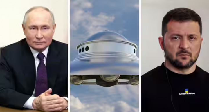  Presiden Rusia Vladimir Putin dan Presiden Ukraina Volodymyr Zelensky dan gambar representasi UFO /net