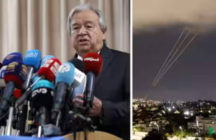 Sekretaris Jenderal Perserikatan Bangsa-Bangsa Antonio Guterres dan rudal yang diluncurkan ke Israel oleh Iran /Reuters