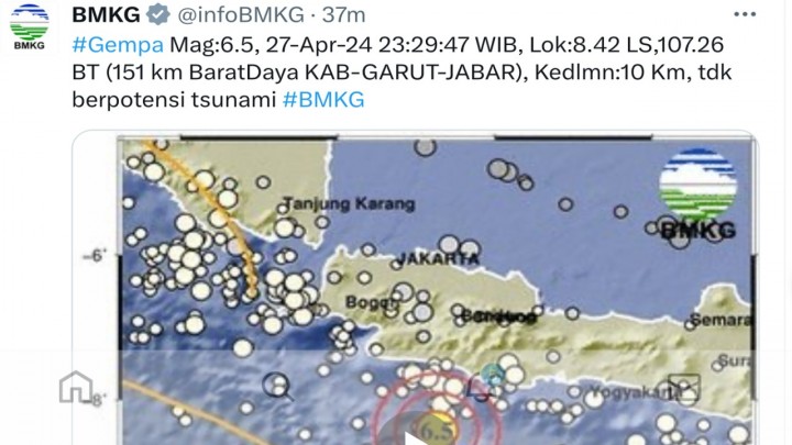 Gempa Garut Magnitudo 6,5 Hancurkan Rumah-Bangunan di Sukabumi hingga Tasikmalaya. (BKMG)