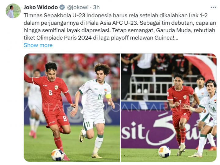 Timnas U-23 kalah Lawan Irak, Jokowi: Ayo, Rebut Tiket Olimpiade 2024 Lawan Guinea. (X/@jokowi)