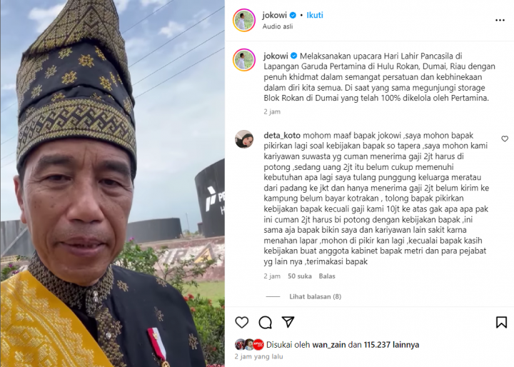 Jokowi Pakai Baju Adat Teluk Belanga Pimpin Upacara Harlah Pancasila.(Tangkapan Layar Instagram @jokowi)