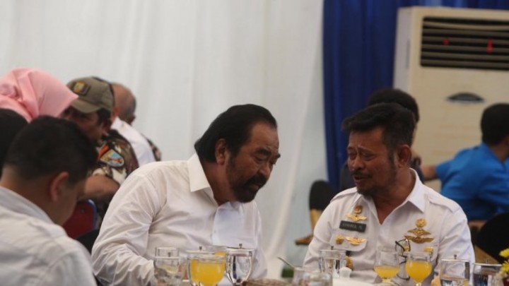 Ketum Nasdem Surya Paloh dan mantan Menteri Pertanian (Mentan) Syahrul Yasin Limpo (SYL). Sumber: Tribunnews.com