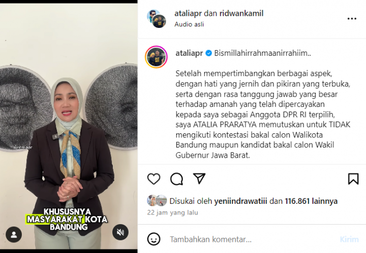 Atalia Istri Ridwan Kamil resmi Mundur dari Pencalonan Pilkada Jabar 2024. (Tangkapan Layar Instagram @ataliapr)