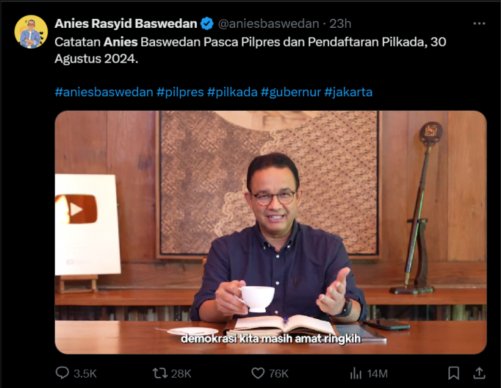 Gagal Maju Pilkada Jakarta, Anies Sampaikan Poin-poin Penting Ini ke Rakyat Indonesia. 