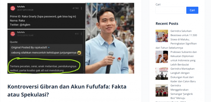 Tangkapan Layar Website gerindra.org yang memuat berita soal Akun Fufufafa yang menghina Prabowo Subianto. 