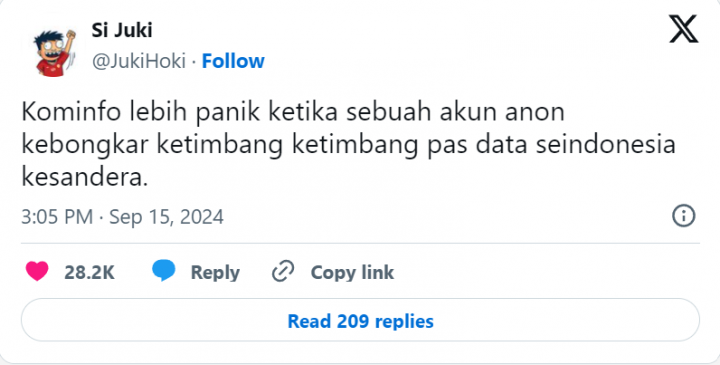 Tokoh Fiksi Juki Ledek Kominfo yang 'Panik' usai Akun Fufufafa Diduga Milik Gibran Viral, Ungkir soal Serangan Cyber. (X)