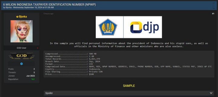 Bjorka kembali Bobol Website Pemerintah RI, Data NPWP-NIK Jokowi, Gibran, Kaesang hingga Sri Mulyani Dibocorkan. (X/@secgron)