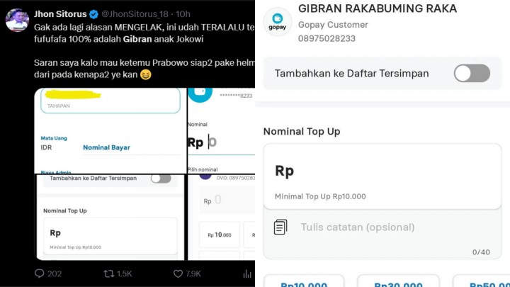 Netizen Dapat Bukti Baru, Transfer GoPay ke Nomor HP Akun Fufufafa Muncul Nama Gibran Rakabuming 