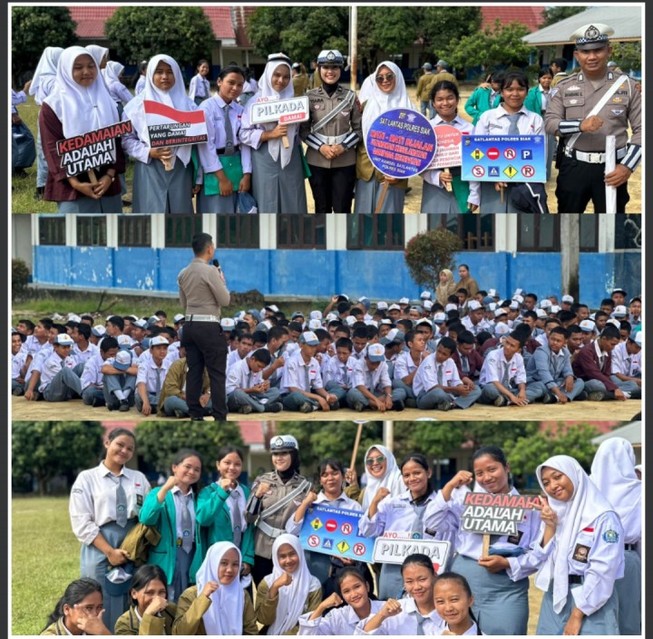 Edukasi Siswa Tentang Tertib Berlalu lintas, Lewat Program Police Goes to School Polres Siak Juga Sampaikan Pesan Pemilu Damai.