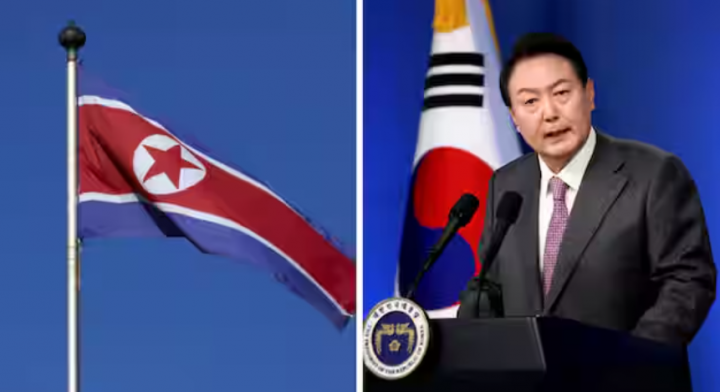 Bendera Korea Utara (kiri) dan Presiden Korea Selatan Yoon (kanan) /Reuters