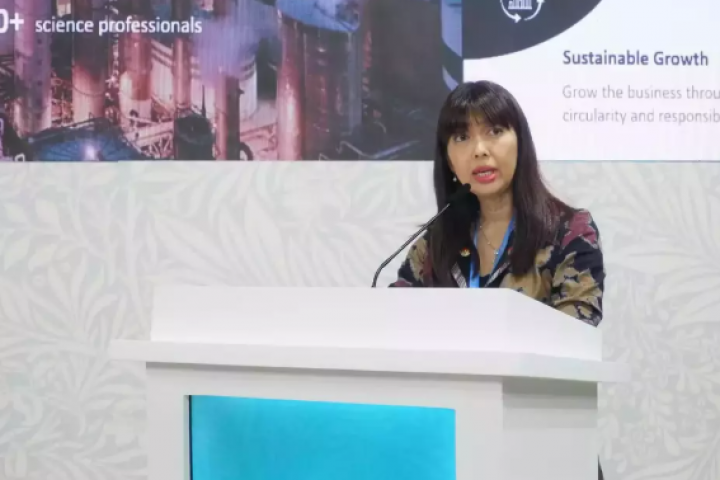 Rita Alim, Wakil Direktur Hubungan Eksternal di Grup APRIL, memberikan pidato di panel COP29 di Azerbaijan pada 16 November 2024. (Foto milik Grup APRIL)