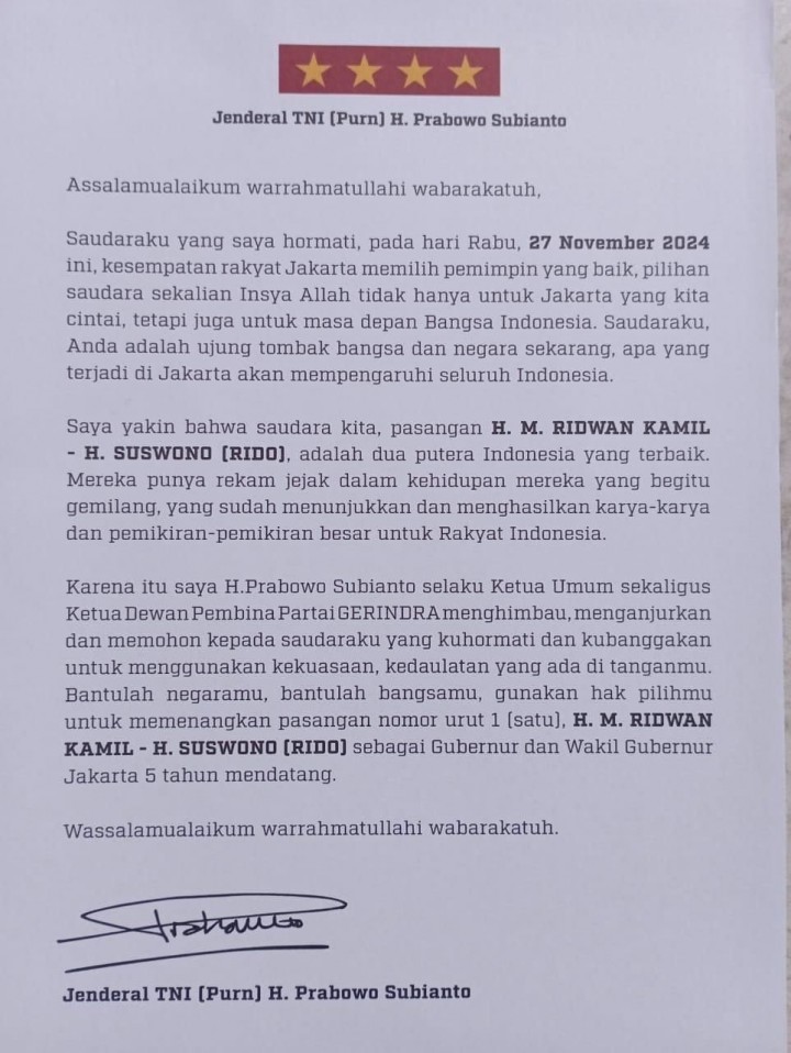 Beredar Surat Pribadi Prabowo Subianto Ajakan Milih RK-Suswono di Pilkada Jakarta, Timses Buka Suara. 