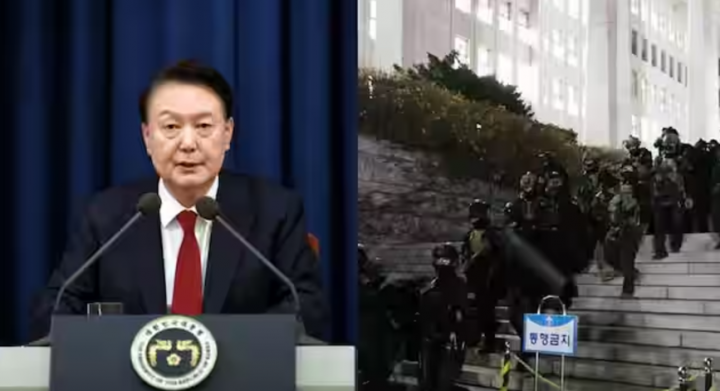 (Kiri) Selebaran dari Kantor Kepresidenan Korea Selatan yang diambil pada 3 Desember 2024 menunjukkan Presiden Korea Selatan Yoon Suk Yeol menyampaikan pidato untuk mengumumkan darurat militer di Seoul. (Kanan) Tentara mundur dari Majelis Nasional di Seoul pada 4 Desember 2024, setelah disahkannya r