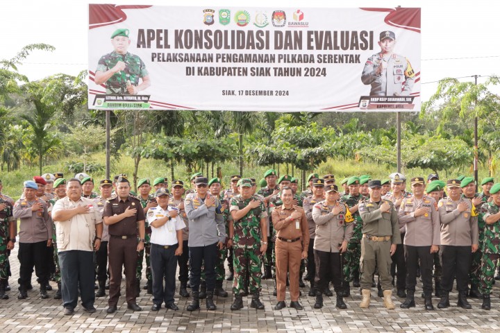 Polres Siak dan Kodim 0322 Siak Gelar Apel Konsolidasi dan Evaluasi Pelaksanaan Pengamanan Pilkada Serentak 2024 di Kabupaten Siak