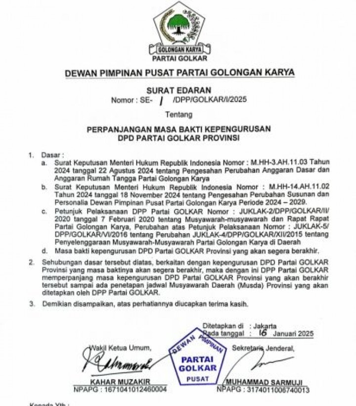 Perpanjangan SK kepengurusan Golkar Riau 