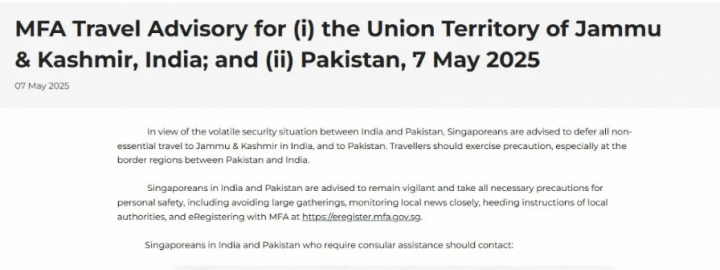 Singapura Keluarkan Nasihat Perjalanan untuk Warganya di Tengah Situasi Bergejolak Antara India dan Pakistan