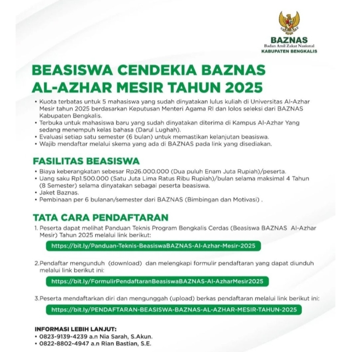 BAZNAS Bengkalis Buka Peluang Studi ke Al-Azhar Mesir Lewat Beasiswa 2025