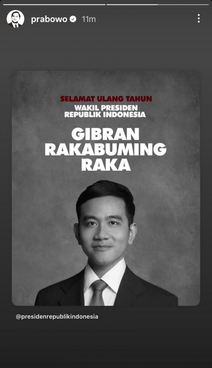 Prabowo ucapkan Selamat Ulang Tahun untuk Wapres Gibran, Malam-malam. (Tangkapan Layar Instagram @presidenrepublikindonesia)