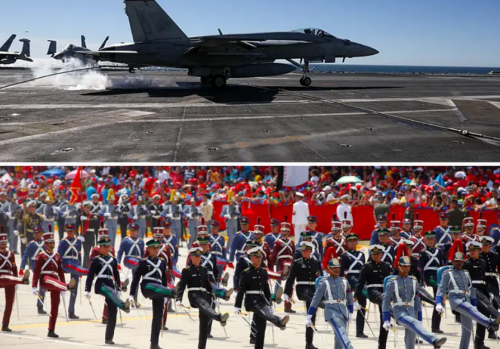 Sebuah jet tempur lepas landas dari USS Gerald Ford, dan parade militer Venezuela/ net