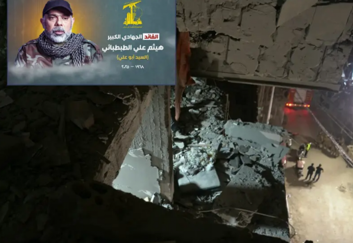 Tim penyelamat mencari korban selamat di lokasi serangan udara Israel yang menargetkan sebuah bangunan perumahan di kawasan Haret Hreik, pinggiran selatan Beirut, pada 23 November 2025/ Haytham Ali Tabatabai-AFP dan Hizbullah