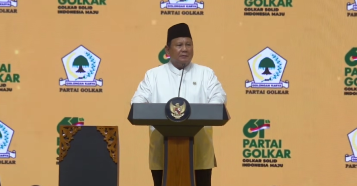 Pidato di HUT Golkar, Prabowo Bersyukur Bencana Banjir Longsor Sumatera Ditangani Indonesia Sendiri. (Screenshot/Channel YouTube @PrabowoSubianto)
