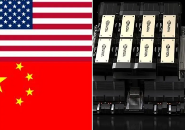 Sebuah model chip AI H200 dari Nvidia ditampilkan bersama bendera Tiongkok dan AS dalam kombinasi ini/ net