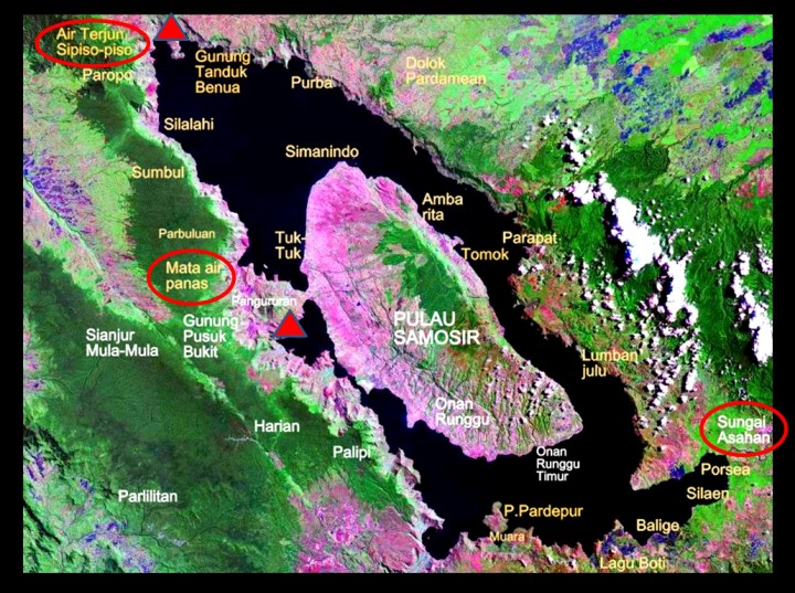 Citra LANDSAT danau Toba. Sumber : NASA via Wikimedia Commons (modified).