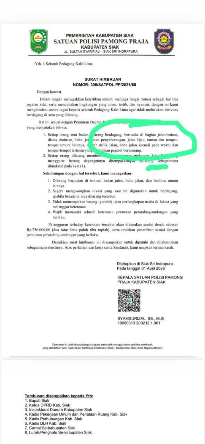 Satpol PP Siak Warning PKL, Dilarang Gunakan Trotoar untuk Berdagang