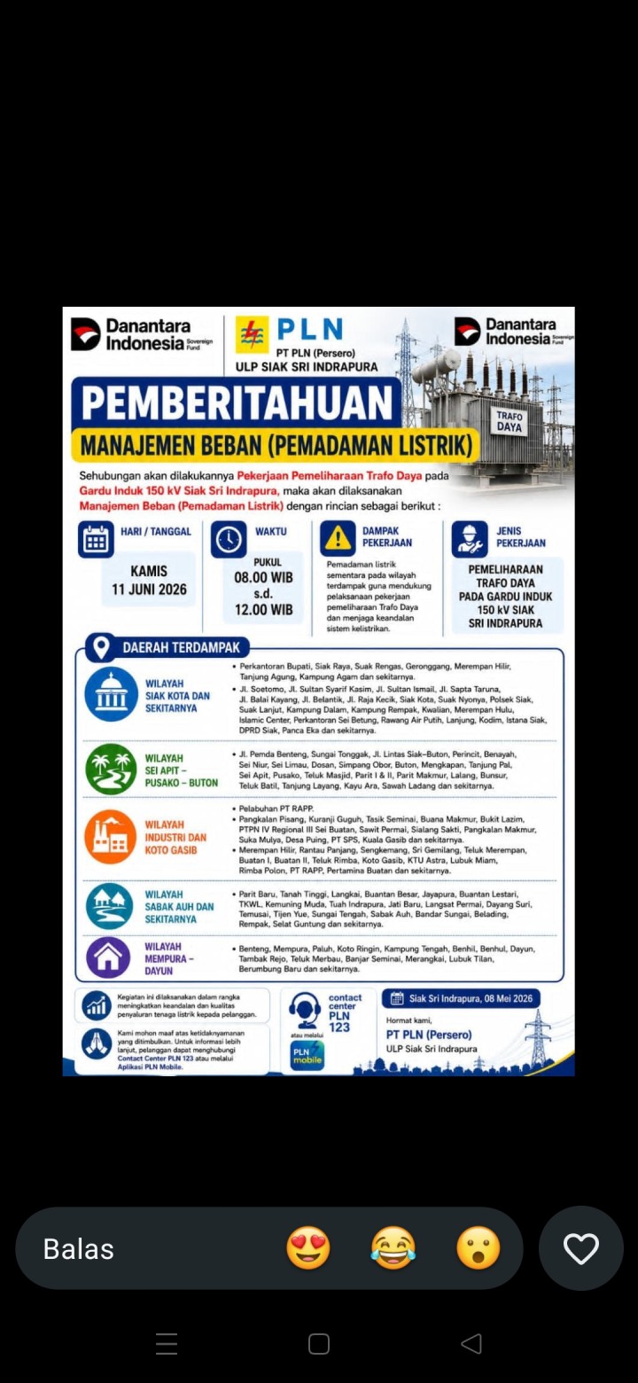 PLN Siak Umumkan Pemadaman Listrik Terjadwal untuk Pemeliharaan Trafo Daya Gardu Induk 150 kV