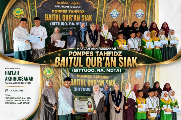 Kepala Pesantren dan Santri Berprestasi Terima Penghargaan pada Haflah Akhirussanah Ponpes Tahfidz Baitul Qur'an Siak