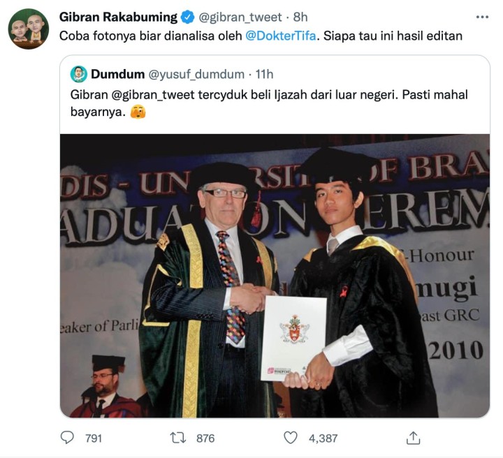Respon Gibran soal Ijazah: Kalau Saya Tidak Lulus SMA, Engga Mungkin Bisa Kuliah di Singapura. (X/Foto)