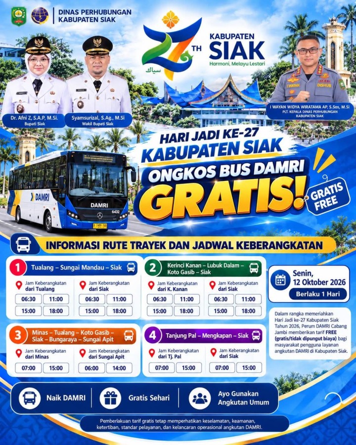 Sambut HUT ke-27 Siak, DAMRI Gratiskan Bus untuk Masyarakat pada 12 Oktober