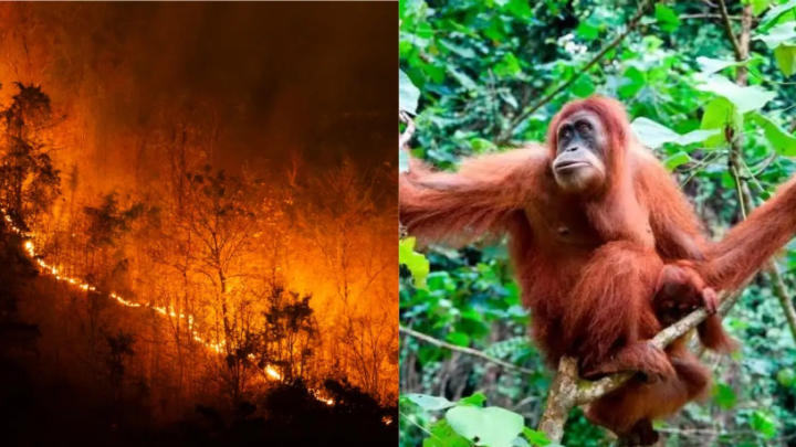 Potret Kebakaran Hutan dan Lahan di Kalimantan Tengah (Kiri), Orang Utan, Hewan yang Dilindungi oleh Undang-Undang di Indonesia yang Sudah terancam Punah. (Kanan)